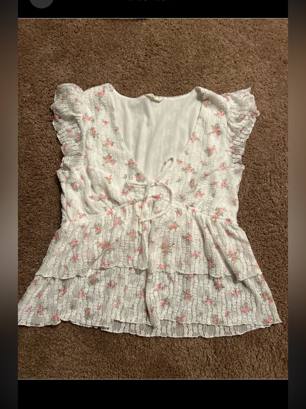 Aeropostale White Ruffled Tie-Front Blouse with Pink Floral Print